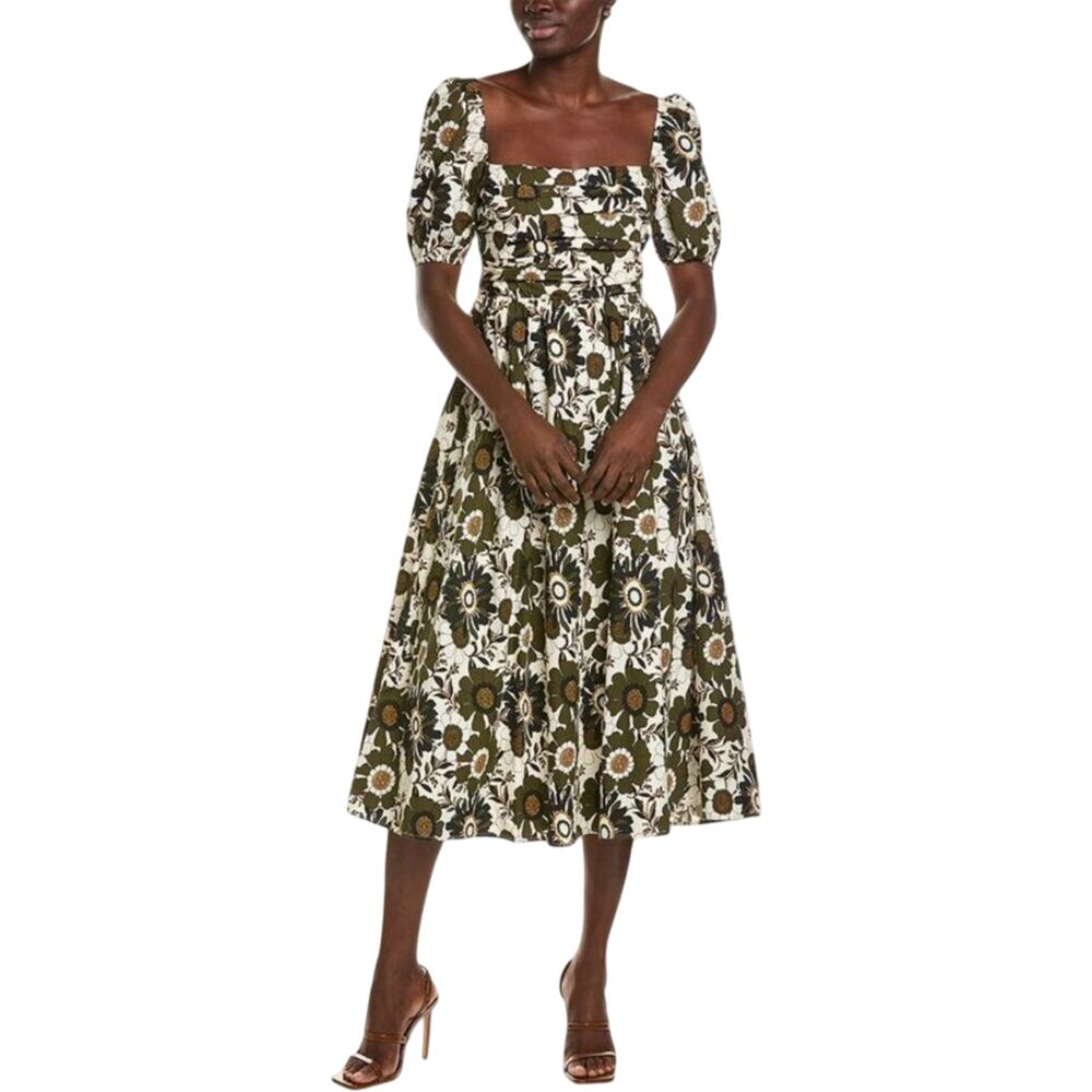 o.p.t. River Olive Floral Puff Sleeve Square Neck Midi Dress 70s Retro NWOT Sz L